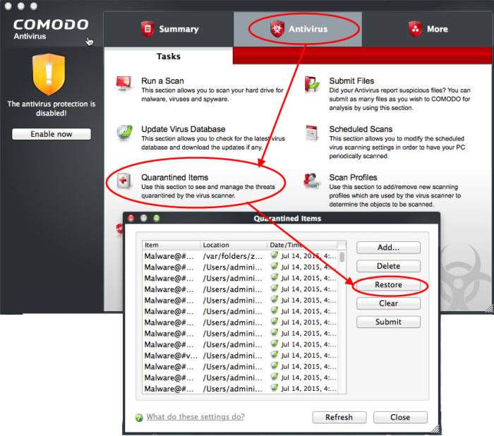 restore files from comodo qurantine