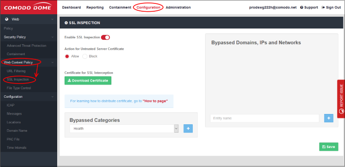 gpo apply certificate via SSL Inspection Network Setting, Dome Configure to Secure