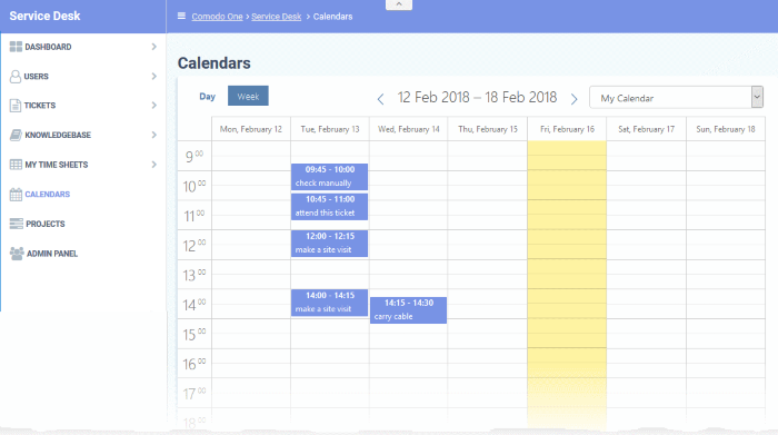 Manage Calendars Helpdesk Ticketing System Service Desk Comodo