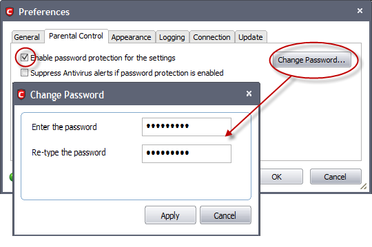 Comodo Internet Security Password Protection, CIS Settigs Password