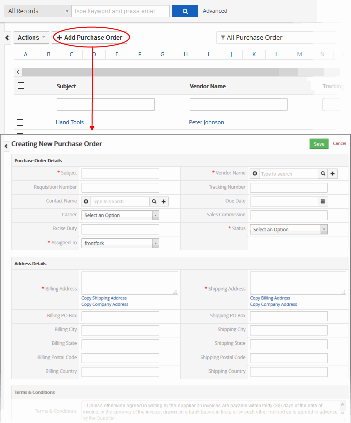 Add A Purchase Order Purchase Order Form Customer Relationship Management Comodo