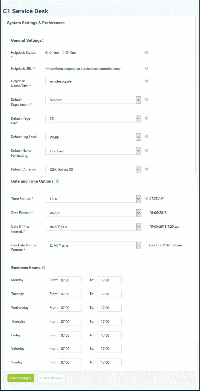 C1 Service Desk System Settings Helpdesk Management C1 Service