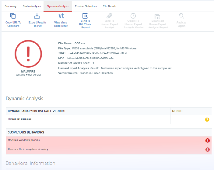 View Valkyrie Analysis Results, Cloud Based Antivirus