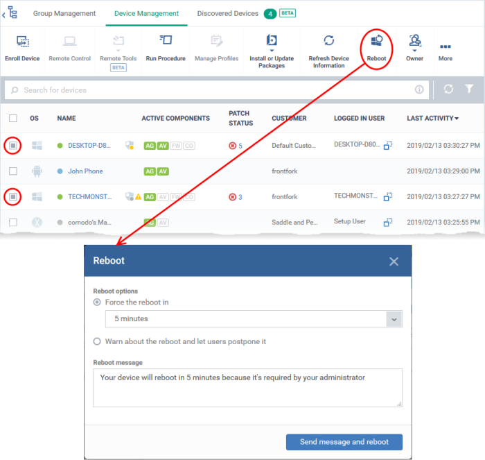 Restart A Selected Device, Endpoint Manager COMODO