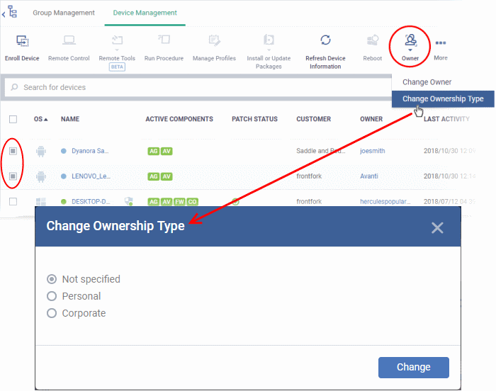 Change The Ownership Status Of A Device, Endpoint Manager Comodo