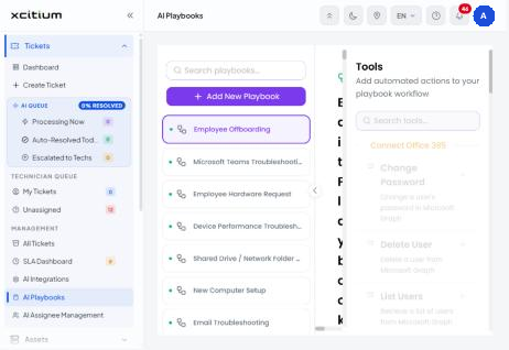 AI Playbooks list with Employee Offboarding open and a Tools panel