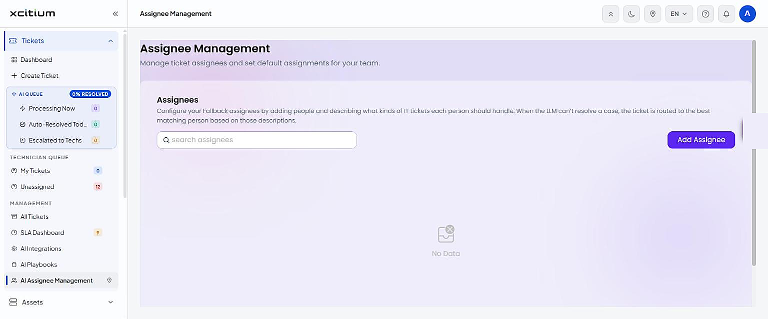 AI Assignee Management page with Add Assignee button