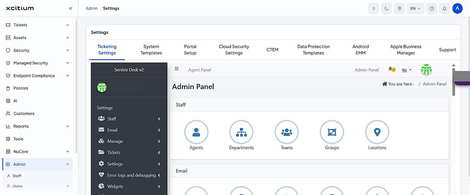 Admin Settings, Ticketing Settings tab showing the Admin Panel