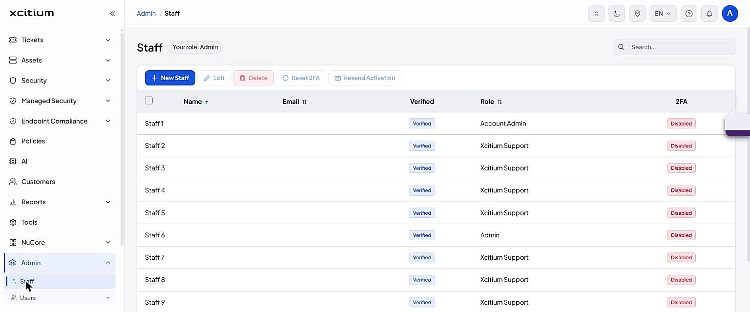 Admin Staff list with New Staff, Edit, Delete, Reset 2FA and Resend Activation buttons