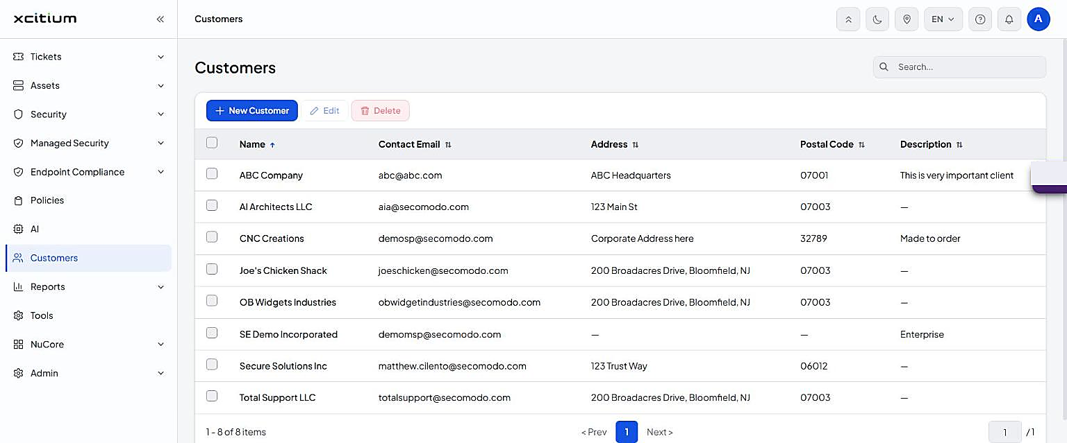 Customers list with New Customer, Edit and Delete buttons