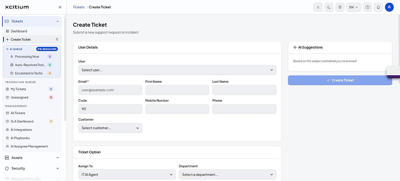 Create Ticket form with User Details and AI Suggestions