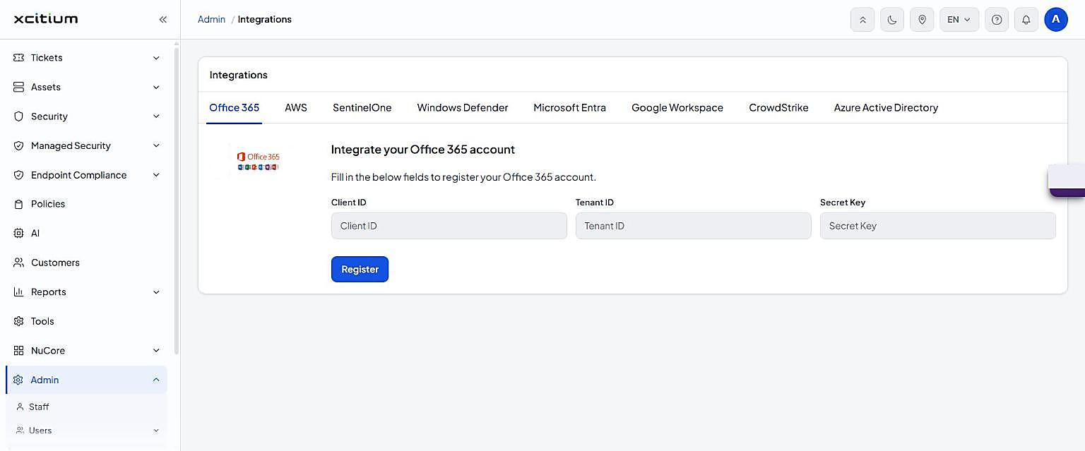 Admin Integrations page on the Office 365 tab